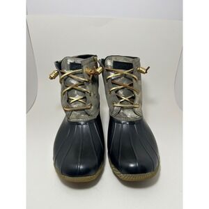 Sperry Saltwater Metallic Silver Camo Duck Boots Black Grey STS86694 Womens 10